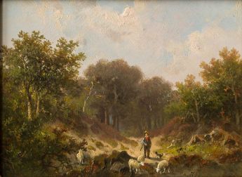 Waldlandschaft mit Schäfer und Herde Schafen