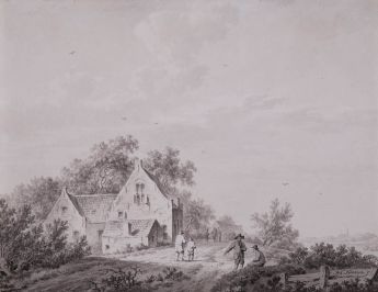 Landschaft mit Haus, Bäumen und Figuren
