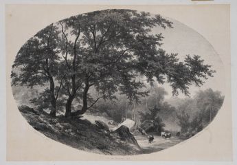 Hügelige Landschaft mit Hirte und Kühen