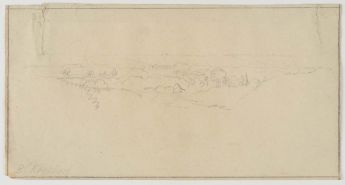 Dorf mit Kirchturm in einer Hügellandschaft