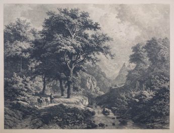 Bachlandschaft mit Kuhhirte, Kupferstich nach J.B. Klombeck