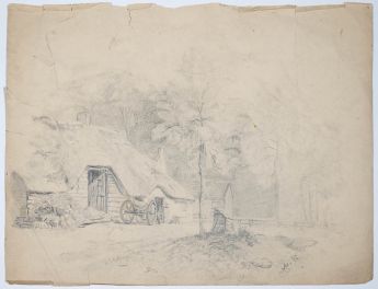 Bauernkate am Weg unter Bäumen