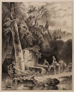 Rastendes Paar mit zwei Eseln an einer Tränke