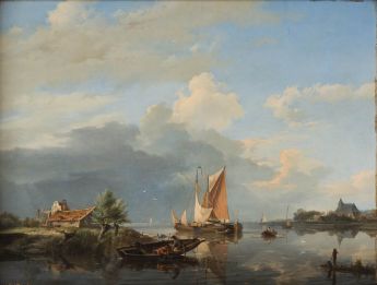 Flusslandschaft mit zwei Tjalken, 1845