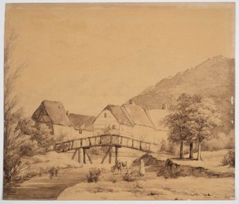 Landschaft mit Dorf an einem Bach