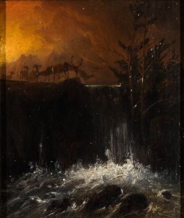 Hirsche bei der Tränke am Wasserfall