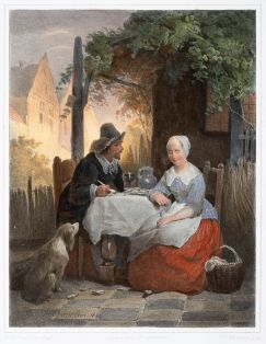 Genreszene, Paar an Tisch in Sommernacht