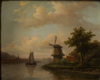 Flußlandschaft mit Mühle und Eichenholzschlag