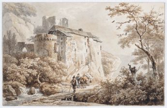 Reisende in einem Tal bei einer Burgruine