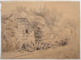 Wassermühle zwischen Bäumen