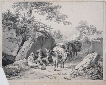 Landschaft mit zwei rastenden Reisenden und zwei Eseln 