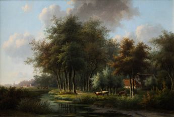 Landschaft mit Gehöft im Wald