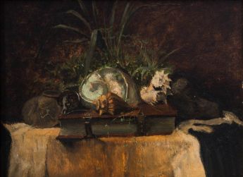 Stillleben mit Bibel, Muscheln und Pflanzen