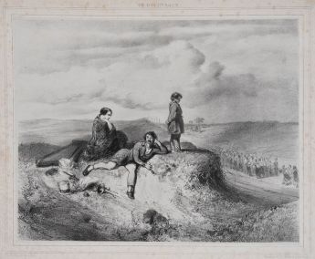 Landschaft mit drei Figuren auf einem Hügel