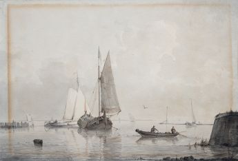 2 Segler (Tjalken) und ein Ruderboot vor Hafeneinfahrt