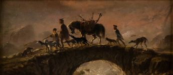 Jäger mit Pferd auf Brücke