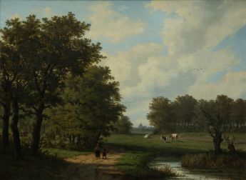 Landschaft mit Fluss am Waldrand