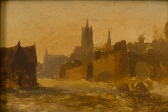 Ummauerte Stadt mit Kirchtürmen und Mühle