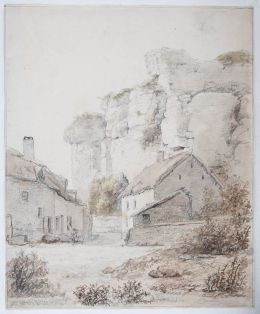 Häuser unter Kalksteinfelsen an der Maas bei Dinant