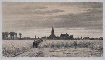 Landschaft mit Leichenzug im Kornfeld