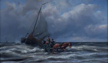 Seestück mit Fischerboot und Pferdewagen