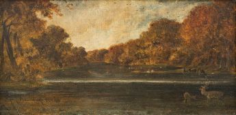 Teich mit Schwänen und Hirschen zwischen Bäumen im Haag