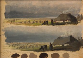 Eine Kuhhirtin bei einem Bauernhof