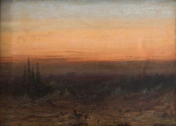 Heidelandschaft mit Hirschen am Abend