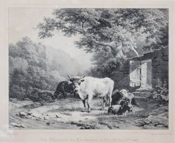 Gebirgige Landschaft mit Vieh an einem Bach