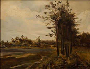 Landschaft mit Bauernhof und Baumgruppe