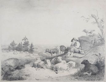 Landschaft mit Hirtenjunge und Schafen