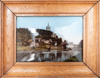 Souvenir, Porzellanbild mit Holzrahmen und Schwanenburg-Motiv