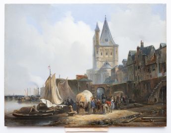 Blick über das linke Rheinufer mit Hafen in Köln