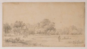 Gehöft unter Bäumen am Ufer