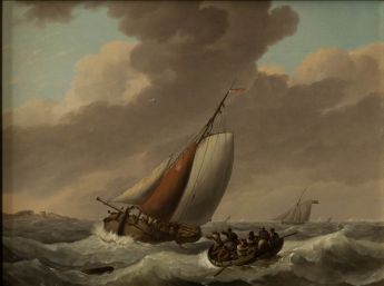 Segelschiff und Rettungsboot mit Schiffbrüchigen