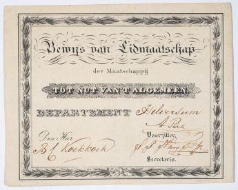 Nachweis der Mitgliedschaft der Gesellschaft 'Tot nut van het Algemeen'