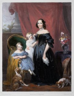 Ganzkörper-Porträt einer Dame mit Kindern und Hunden