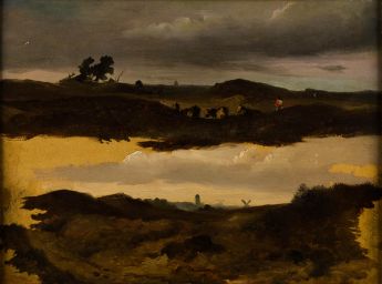 Hirten mit Kühen; Kirchturm und Mühle