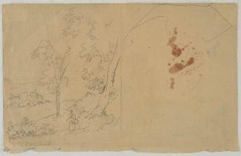 Hügelrand mit zwei Bäumen und einer wandernden Frau