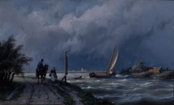 Ein Seestück mit Reiter auf Pferd und Frau zu Fuß