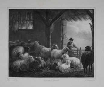 Szene mit Hirten und Schafen in einer Scheune